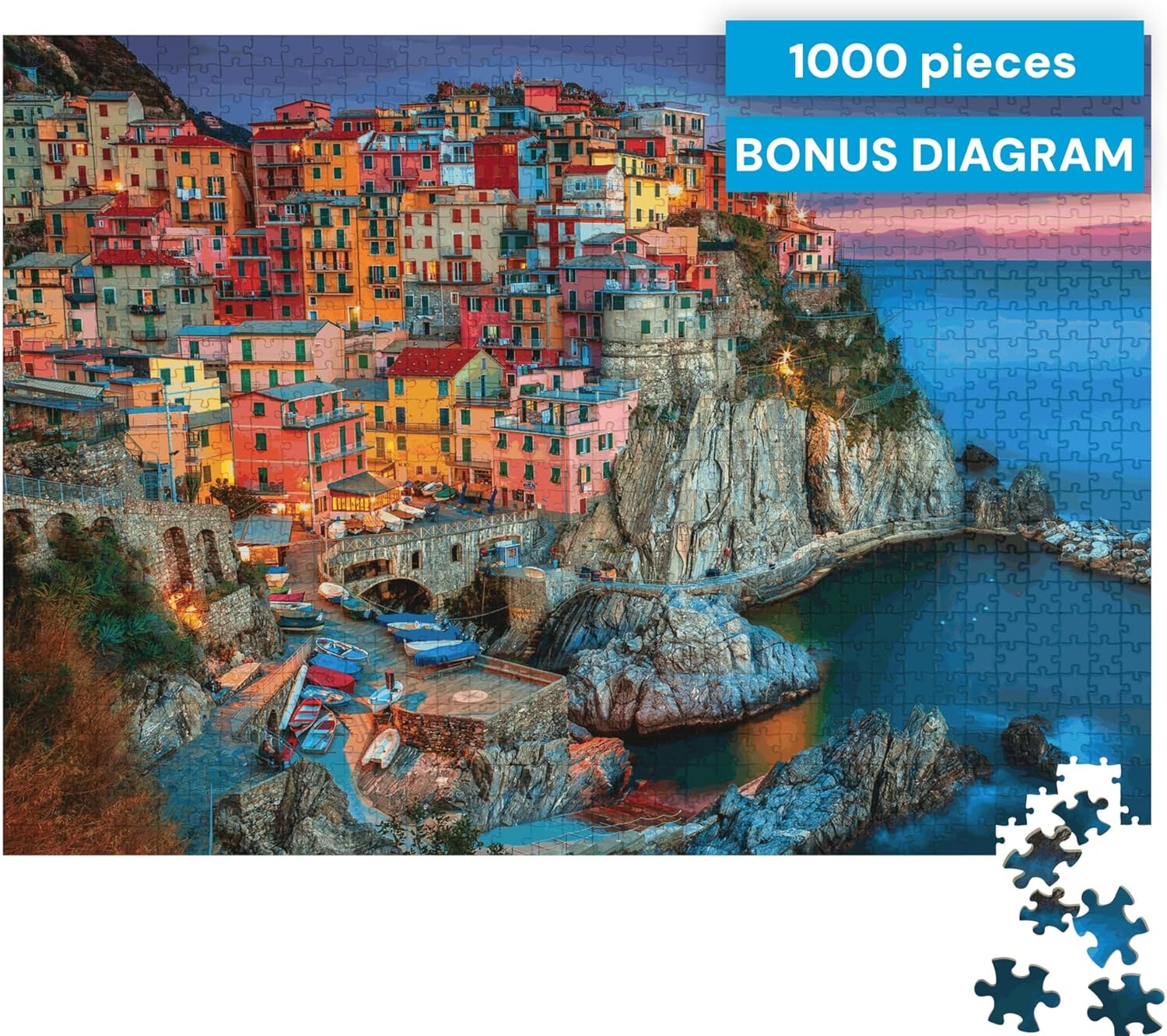 Cinque Terre 1000 Piece Puzzle for Adults - Jigsaw Puzzles - Challenging Italy Coastal Scene with Poster