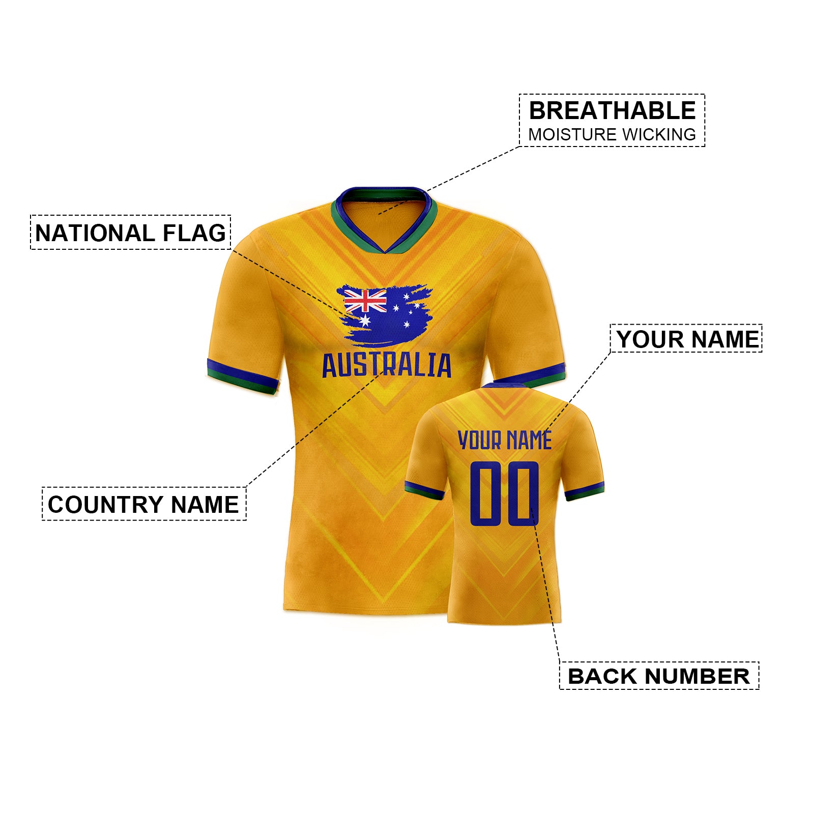 Custom Gold V-Textured Royal Football Jersey for Team and Game Use