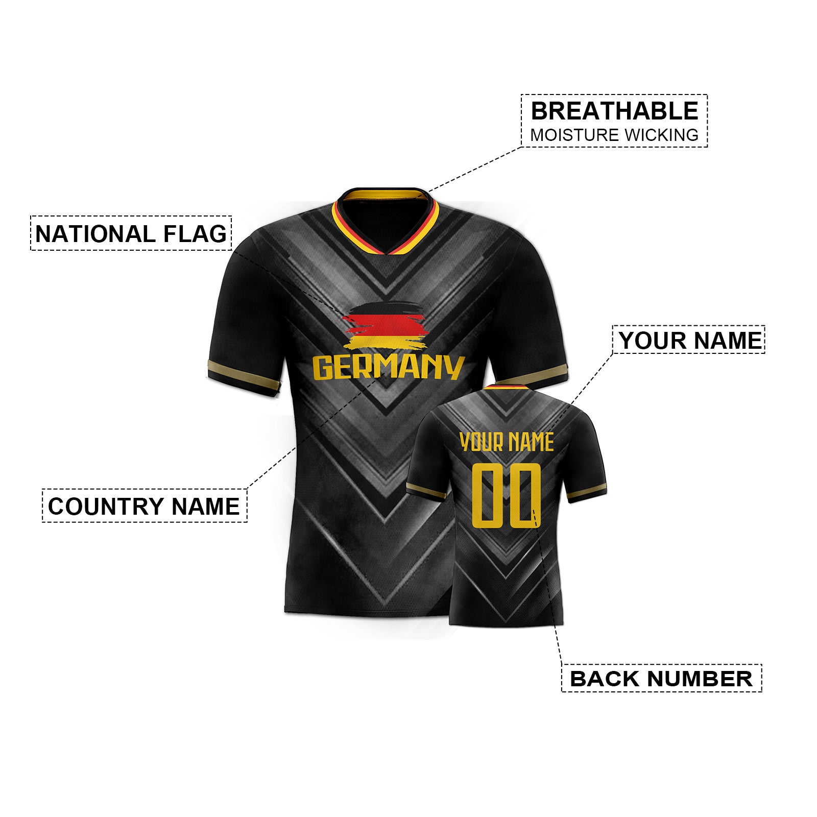 Custom Black Gradient German Flag V-Texture Gold Contrast Mesh Authentic Football Jersey