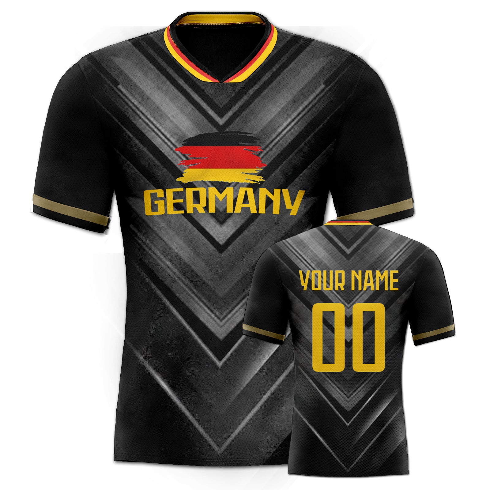 Custom Black Gradient German Flag V-Texture Gold Contrast Mesh Authentic Football Jersey
