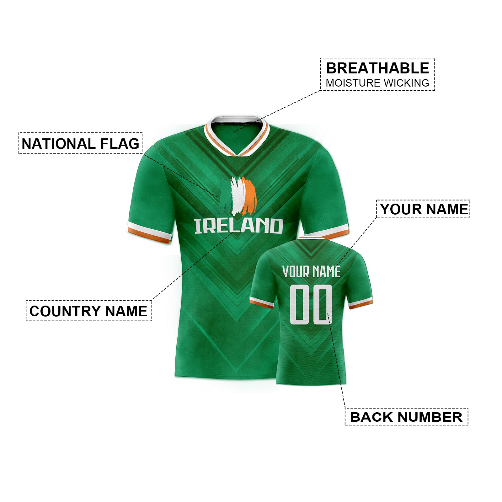 Custom Deep Green Gradient Irish Flag V-Texture Orange-White Contrast V-Neck Short Sleeve Football Jersey