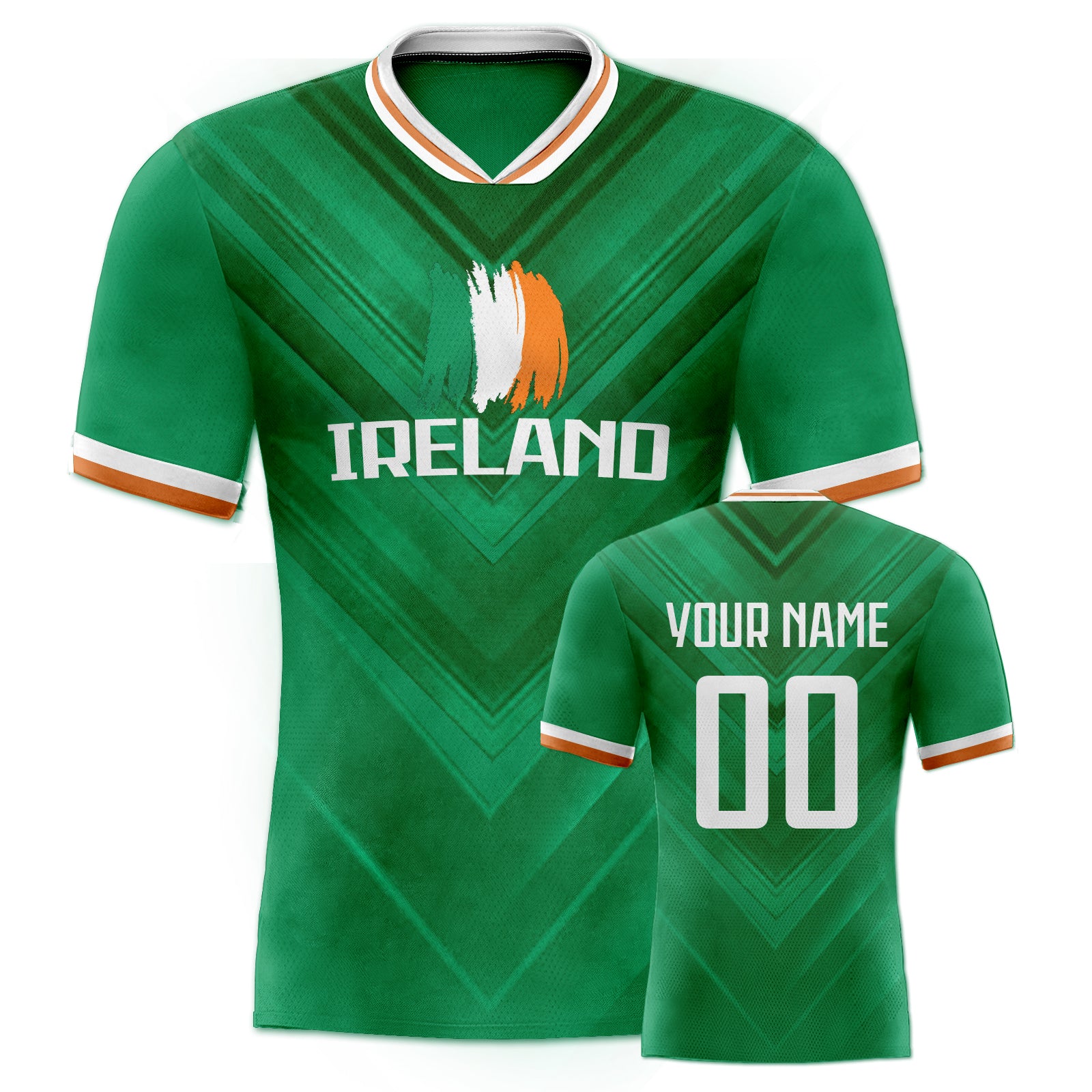 Custom Deep Green Gradient Irish Flag V-Texture Orange-White Contrast V-Neck Short Sleeve Football Jersey