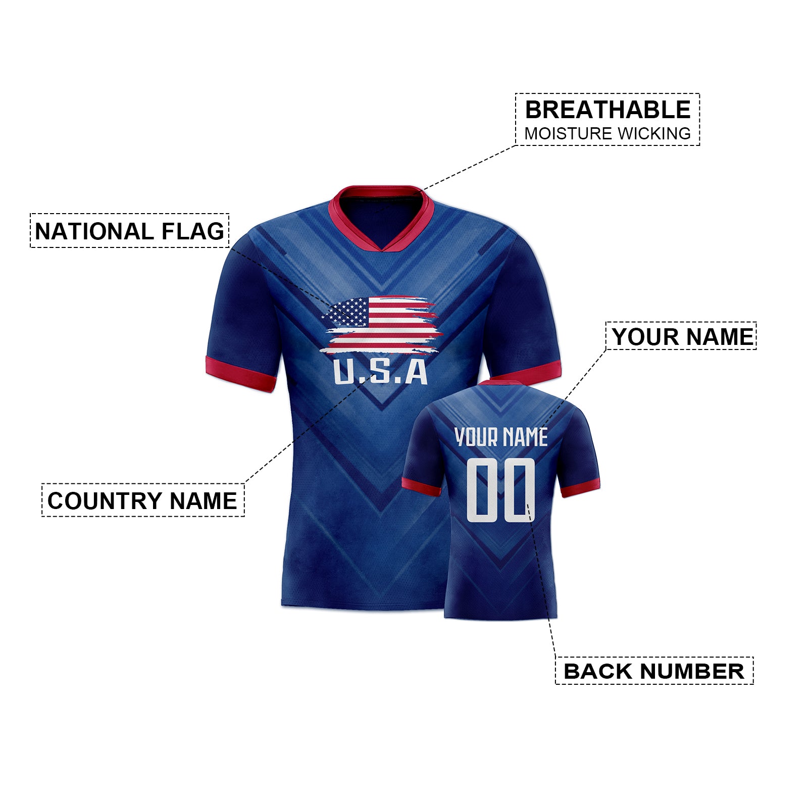 Custom Deep Blue V-Texture Red Contrast Mesh Authentic Football Jersey