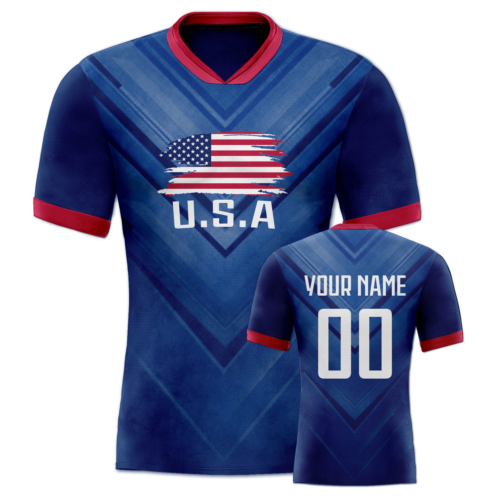 Custom Deep Blue V-Texture Red Contrast Mesh Authentic Football Jersey