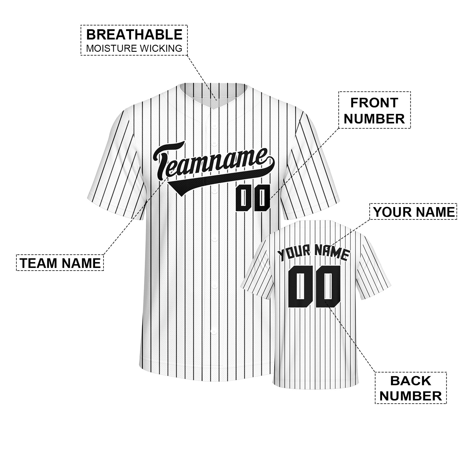 Custom White & Black Pinstripe Baseball Jersey – Authentic Striped Design